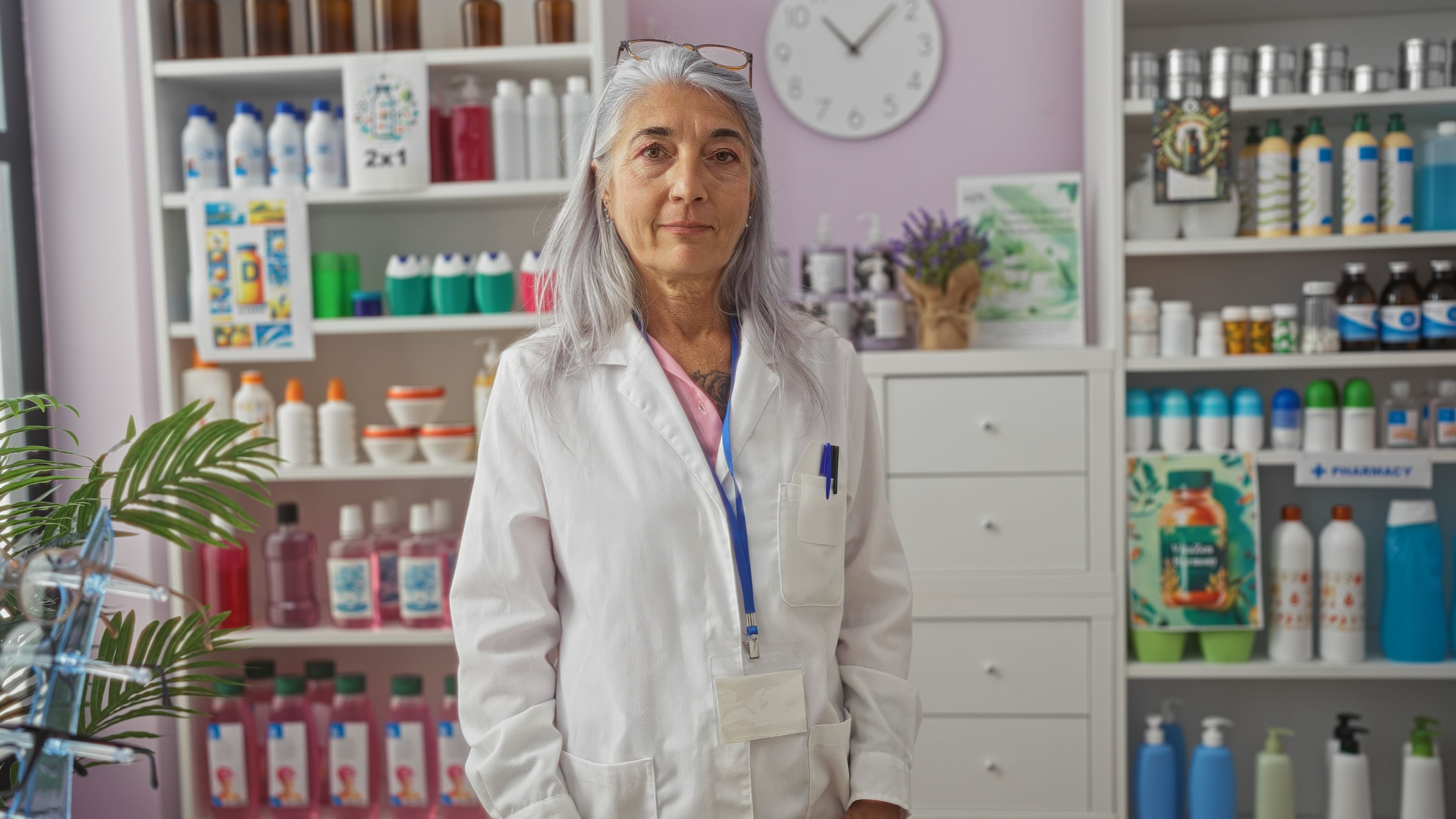 Image of Doctor standing infront of shelves of ingredients