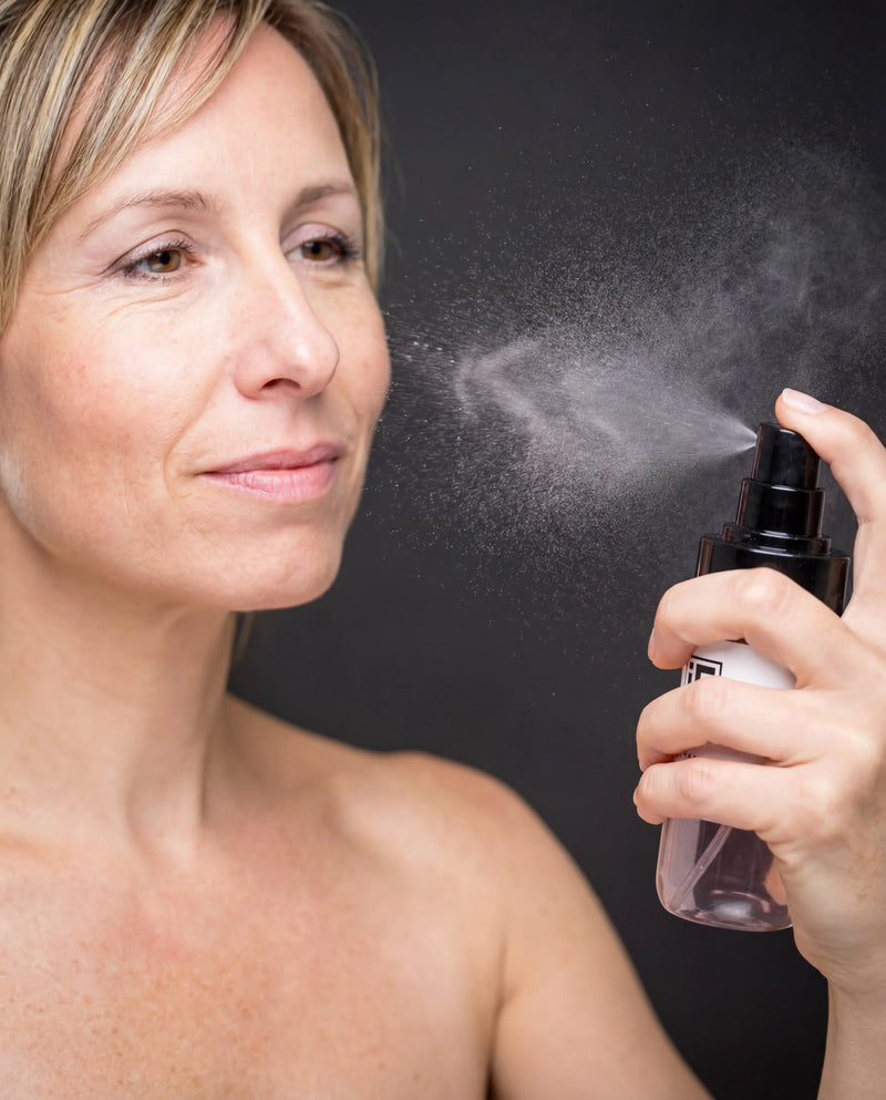 Woman spraying facial mist onto face, skincare routine, clear skin, black background