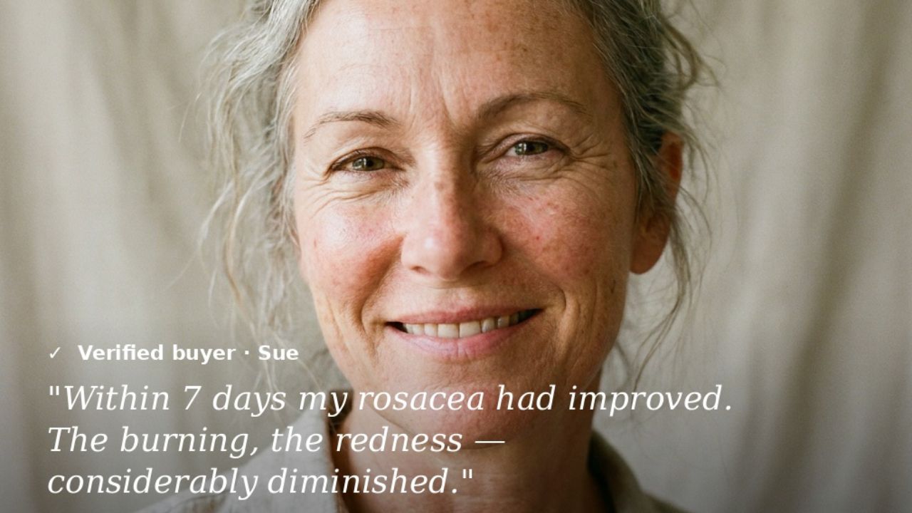 Verified buyer Sue: within 7 days her rosacea had improved, the burning and redness considerably diminished